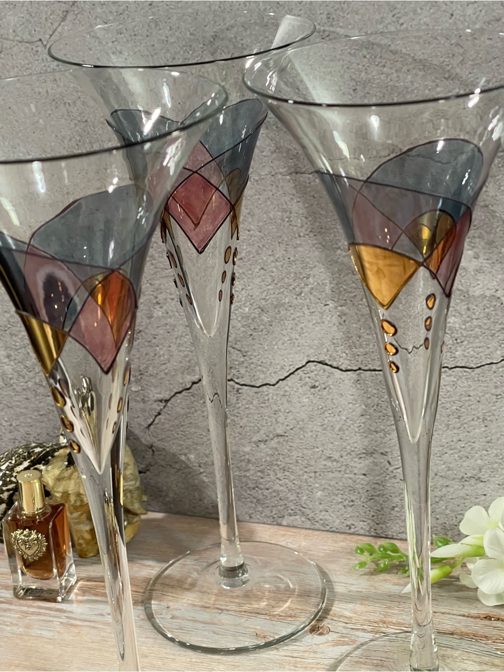 Set Of 3 Luminescence Flute Cocktail Handcrafted Romania Hand Blown Glasses - Picture 12 of 13